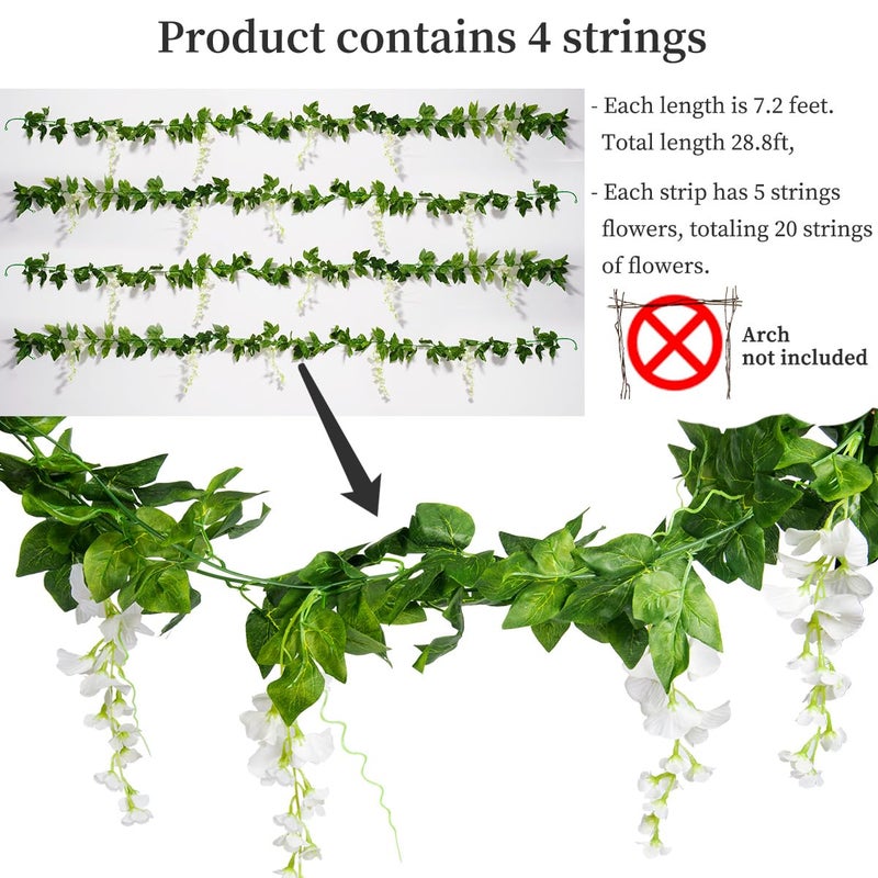 Mavee Artificial Wisteria Vine Garland Hanging Decor - 28.8ft Silk Flowers with Ivy Leaves (4x7.2ft) for Wedding, Home Floral Arrangements - White - Image 5